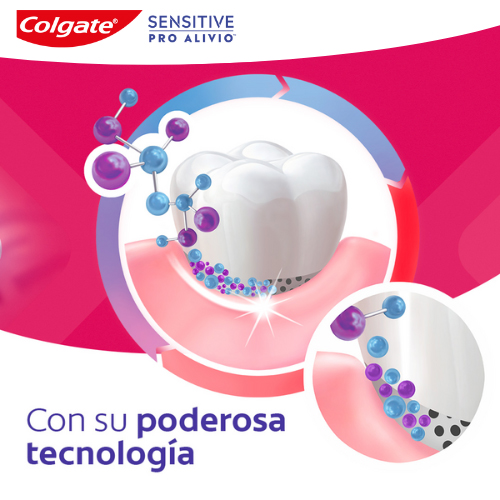 Ilustración de un diente y encía mostrando cómo la tecnología de Colgate Sensitive Pro Alivio actúa para aliviar la sensibilidad dental.